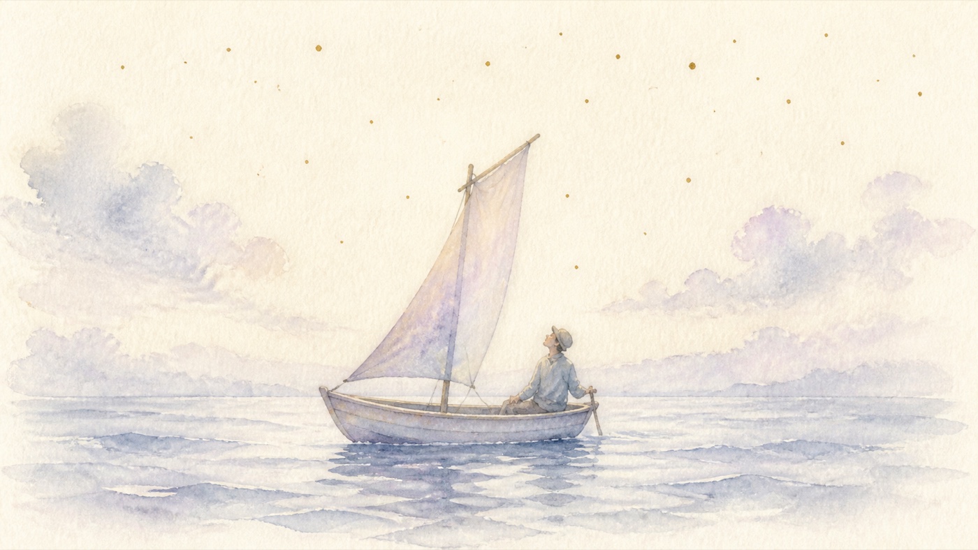 星の出た夜の海を、帆を張った小舟が進んでいる。艫に座った人が舵に手を掛け、空を見上げている。